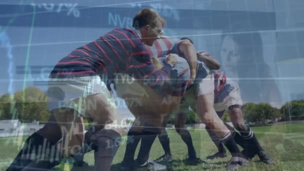 Animatie Van Financiële Gegevensverwerking Diverse Rugbyspelers Zakenmensen Global Sport Gezondheidszorg — Stockvideo