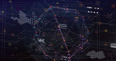 Dijital uzayda simgeler, dünya ve bağlantılar. Dijital alan, bilgisayarlar, ağ ve teknoloji konsepti dijital olarak oluşturulmuş görüntü.