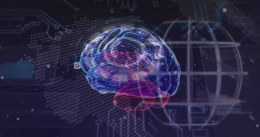 Donanma uzayında beyin, veri işleme ve küre görüntüsü. Dijital alan, bilgisayarlar, ağ ve teknoloji konsepti dijital olarak oluşturulmuş görüntü.