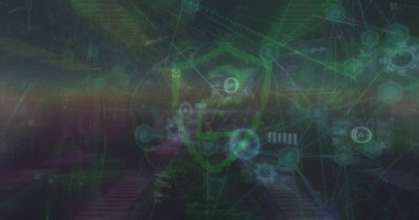 Bağlantılar görüntüsü, dijital asma kilit, karanlık uzay üzerindeki veriler. Dijital güvenlik, bilgisayarlar, ağ ve teknoloji konsepti dijital olarak oluşturulmuş görüntü.