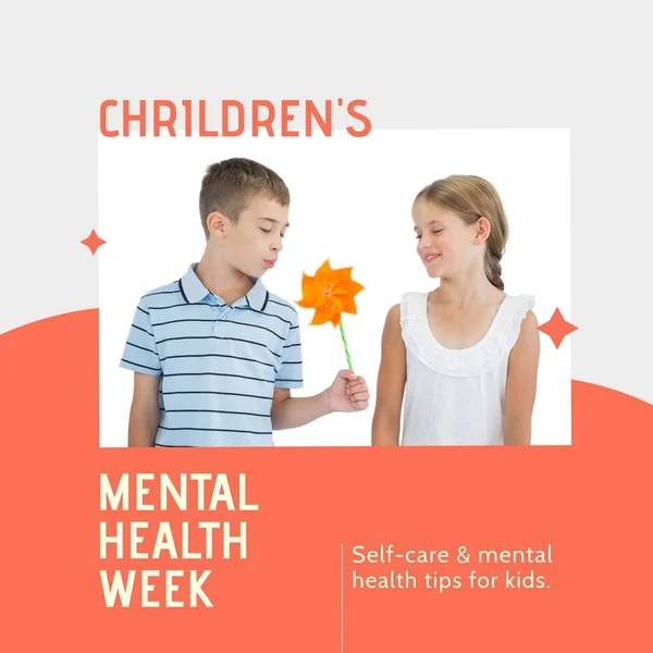Skład Tekstu Tygodnia Zdrowia Psychicznego Dzieci Dziewczynka Chłopiec Trzymający Wentylator — Zdjęcie stockowe