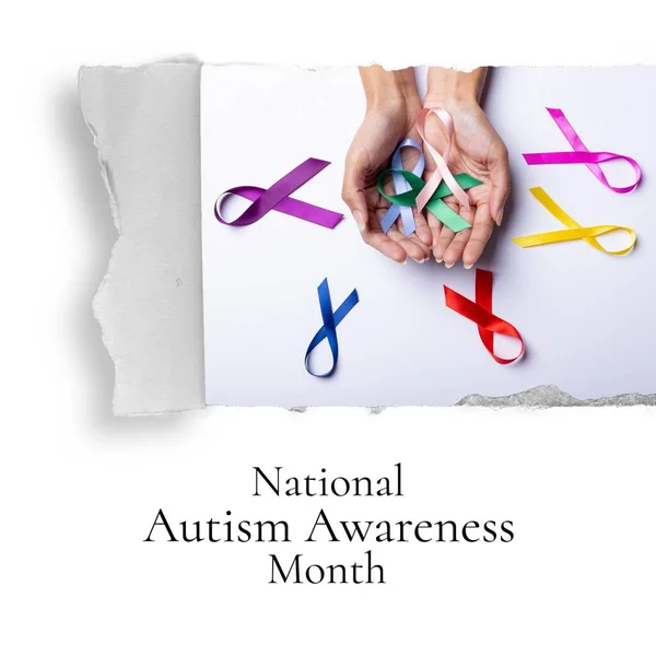 Zusammensetzung Des Nationalen Monatstextes Zum Thema Autismus Und Mehrfarbige Bänder — Stockfoto