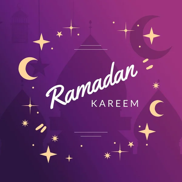 Composizione Testo Kareem Ramadan Moschea Mezzaluna Forme Sfondo Viola Inizio — Foto Stock
