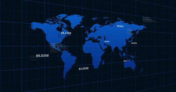 Obrázek Modré Mapy Světa Modrými Čísly Stoupajícími Nahoru Dolů Černém — Stock fotografie