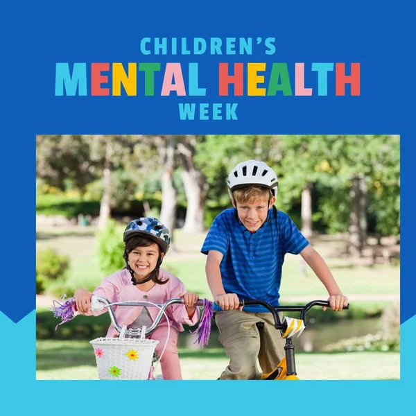 Samenstelling Van Kinderen Geestelijke Gezondheid Week Tekst Kinderen Fiets Week — Stockfoto