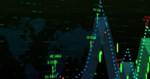 世界地図上にカラフルな数字を持つカラフルなグラフのイメージ 世界経済の株式市場の概念デジタル組成 — ストック写真