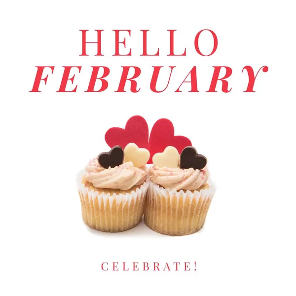 Samenstelling Van Hallo Februari Tekst Cupcakes Met Hartjes Witte Achtergrond — Stockfoto