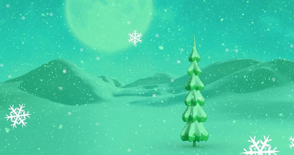 Obrázek Zelené Zimní Krajiny Stromem Vločkami Horami Vánoční Zimní Tradiční — Stock fotografie