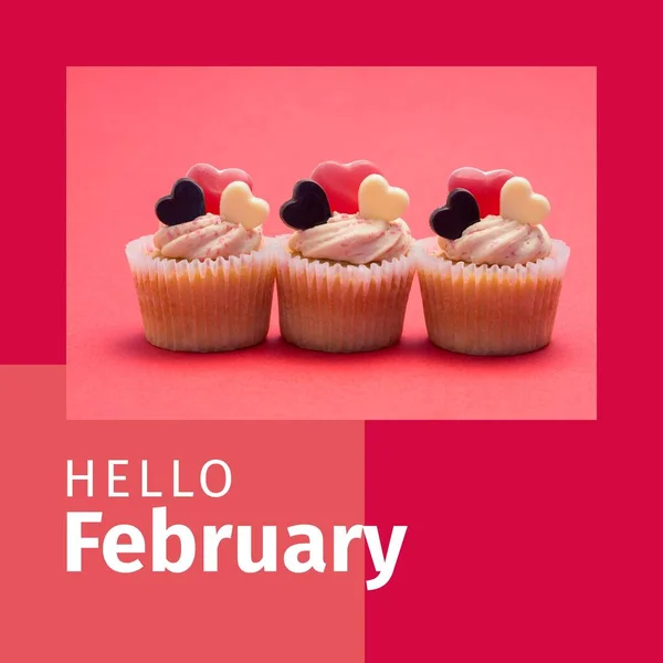 Skład Hello Luty Tekst Ciastka Kubek Sercami Różowym Tle Walentynki — Zdjęcie stockowe