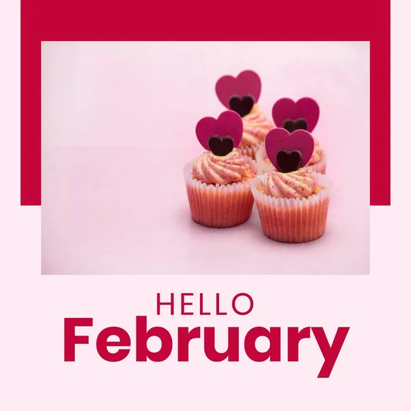 Skład Hello Luty Tekst Ciastka Kubek Sercami Różowym Tle Walentynki — Zdjęcie stockowe