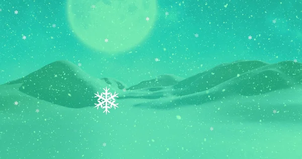 Bild Grönt Vinterlandskap Med Träd Snöflingor Och Berg Jul Vinter — Stockfoto