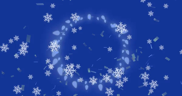 Image Flocons Neige Sur Les Lumières Noël Sur Fond Bleu — Photo