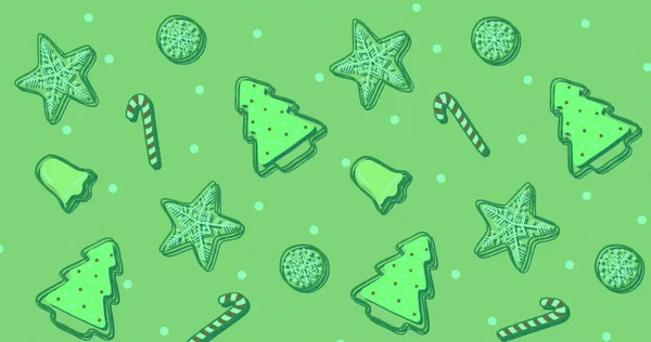 Obraz Zielony Wzór Bożego Narodzenia Ciasteczkami Cukierkami Boże Narodzenie Zima — Zdjęcie stockowe