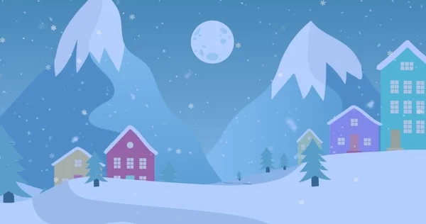 Jest Cyfrowy Obraz Sceny Zimowej Opadającymi Płatkami Śniegu Domami Tle — Zdjęcie stockowe