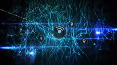 Siyah arkaplandaki mavi soyut dalgalar. Çevrimiçi teknoloji ağı, dalgaların siyah bir arkaplana çarptığını gösteren dijital bir animasyondur. Dalgalar mavi ve sakinleştirici etkisi var..