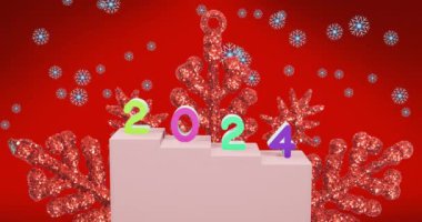 Arka planda 2024 metin ve noel dekorasyonunun animasyonu. Yeni yıl, Noel, şenlik, kutlama ve gelenek konsepti dijital olarak oluşturuldu.