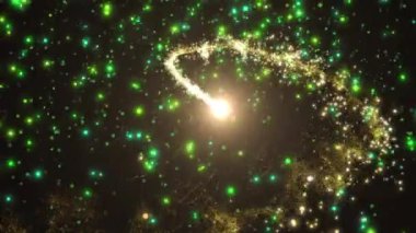 Kayan yıldızın animasyonu ve siyah arkaplanda parlayan yeşil ışık noktaları. Işık, soyut ve hareket kavramı dijital olarak oluşturulmuş video.