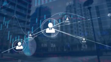 Animation of network of connections with icons and data processing over cityscape. Global connections, computing and digital interface concept digitally generated video.