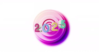 Arka planda 2025 metin ve titreşimli dairelerin animasyonu. Yeni yıl, Noel, şenlik, kutlama ve gelenek konsepti dijital olarak oluşturuldu.