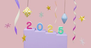 Arka planda 2025 metin ve noel dekorasyonunun animasyonu. Yeni yıl, Noel, şenlik, kutlama ve gelenek konsepti dijital olarak oluşturuldu.