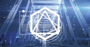 Sunucu odasında veri işlenen şekillerin animasyonu. Küresel teknoloji, bilgisayar ve dijital arayüz kavramı dijital olarak oluşturulmuş video.