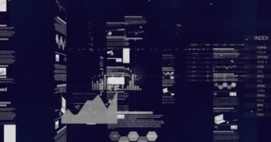 Çoklu grafik animasyonu, veritabanı ve mavi arkaplan ile ticaret panosu. Dijital olarak üretilmiş, hologram, report, finanse, business, invest, stock market ve teknoloji kavramı.