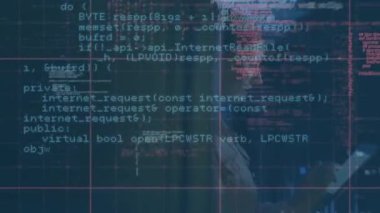 Beyaz kadın sunucu odasında veri işleme animasyonu. Küresel teknoloji, çevrimiçi güvenlik ve dijital arayüz kavramı dijital olarak oluşturulmuş video.