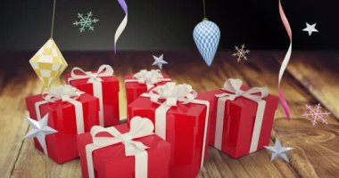 Parti flamaları, noel hediyeleri ve dekorasyonların animasyonu. Yeni yıl, Noel, şenlik, kutlama ve gelenek konsepti dijital olarak oluşturuldu.