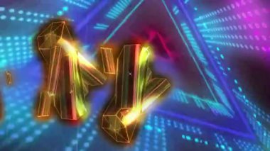 Siyah zemin üzerinde neon şekiller üzerinde kristallerin canlandırılması. Ulusal bayraklar ve kutlama konsepti dijital olarak oluşturulmuş video.