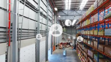 Animation of network of connections over warehouse. Global business and digital interface concept digitally generated video.