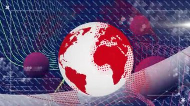 Mavi arka plandaki şekillerin üzerinde küre ve veri işleme animasyonları. Küresel teknoloji, bilgisayar ve dijital arayüz kavramı dijital olarak oluşturulmuş video.