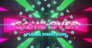 Oyunun animasyonu dijital uzayda, neon ışıkları ve şekillerle oynanan metnin üzerinde. Video oyunları, iletişim, dijital alan ve teknoloji konsepti dijital olarak oluşturuldu.