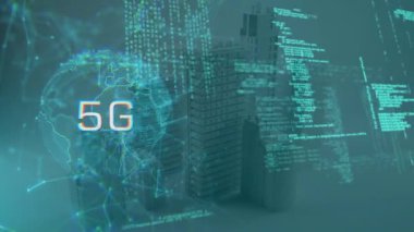 Veri işleme ve şehir manzarası üzerindeki bağlantı ağının animasyonu. Dijital olarak oluşturulmuş küresel bağlantılar, bilgisayar ve dijital arayüz kavramı.