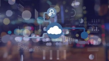 Ortam simgeleri üzerinde veri işleme animasyonu. Küresel iş ve dijital arayüz kavramı dijital olarak oluşturulmuş video.