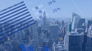 Şehir manzarasının havadan görünüşü üzerinden istatistiksel veri işleme animasyonu. İş verileri ve analitik teknoloji kavramı