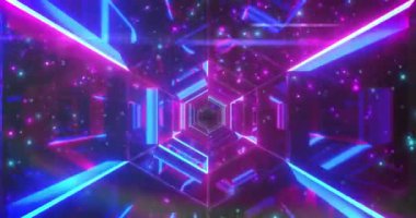 Siyah arkaplanda mavi ve mor ışığın parıldayan noktalarının canlandırması. Işık, soyut ve hareket kavramı dijital olarak oluşturulmuş video.