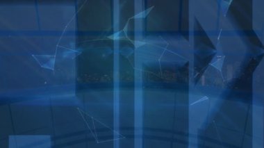 Ofis penceresinden şehir manzarasına karşı dönen bir küre oluşturan plexus ağının animasyonu. Küresel ağ ve iş teknolojisi kavramı