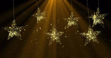 Altın yıldızların ve kahverengi arka planda yağan karın animasyonu. Noel, şenlik, gelenek ve kutlama konsepti dijital olarak oluşturuldu.