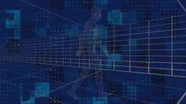 Mavi arka plandaki şekiller üzerinde dijital insan animasyonu. Küresel teknoloji, bilgisayar ve dijital arayüz kavramı dijital olarak oluşturulmuş video.