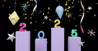 Arka planda 2025 metin ve noel dekorasyonunun animasyonu. Yeni yıl, Noel, şenlik, kutlama ve gelenek konsepti dijital olarak oluşturuldu.