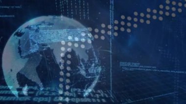 Veri işlemenin animasyonu ve dönen dünyanın üzerindeki ışık izleri mavi arkaplanla karşılaşıyor. Küresel ağ ve iş teknolojisi kavramı