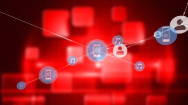 Kırmızı arkaplandaki simgelerle bağlantı ağının canlandırılması. Dijital olarak oluşturulmuş küresel bağlantılar, bilgisayar ve dijital arayüz kavramı.