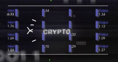 Şifreli metin, girdi ve çıktıların animasyonu mavi çizgiler ve devre kartının patentini alır. Dijital olarak üretilen, hologram, televizyon, para birimi, finans, dijital para ve teknoloji kavramı.