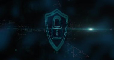 Siyah zemin üzerinde asma kilit simgesi üzerinde matematiksel denklemlerin animasyonu. Küresel eğitim, bilim ve dijital arayüz kavramı dijital olarak oluşturulmuş video.