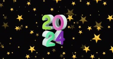Arka planda 2024 metin ve noel yıldızı dekorasyonunun animasyonu. Yeni yıl, Noel, şenlik, kutlama ve gelenek konsepti dijital olarak oluşturuldu.