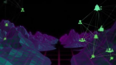 Dijital dağların üzerinde medya simgelerinin canlandırılması. Küresel iş ve dijital arayüz kavramı dijital olarak oluşturulmuş video.