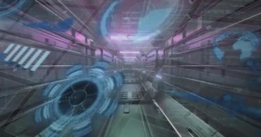 Tünel üzerinde veri işleme animasyonu. Küresel iş ve dijital arayüz kavramı dijital olarak oluşturulmuş video.