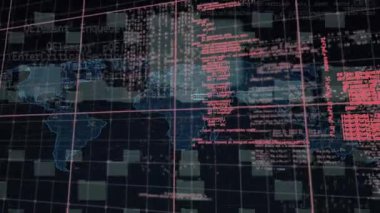 Dünya haritası ve dosyaları üzerinde veri işleme animasyonu. Küresel iş ve dijital arayüz kavramı dijital olarak oluşturulmuş video.