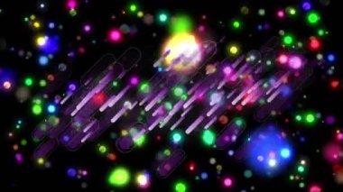 Yüzen çok renkli noktaların üzerindeki soyut desenlerin animasyonu siyah arkaplan üzerinde. Dijital olarak üretilmiş, hologram, lens alevi, ışık, illüstrasyon, bokeh ve teknoloji kavramı.