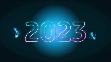 Havai fişekler üzerine 2023 neon metnin animasyonu. Yeni yıl arifesi, noel, şenlik, kutlama ve gelenek kavramını dijital olarak oluşturduk..